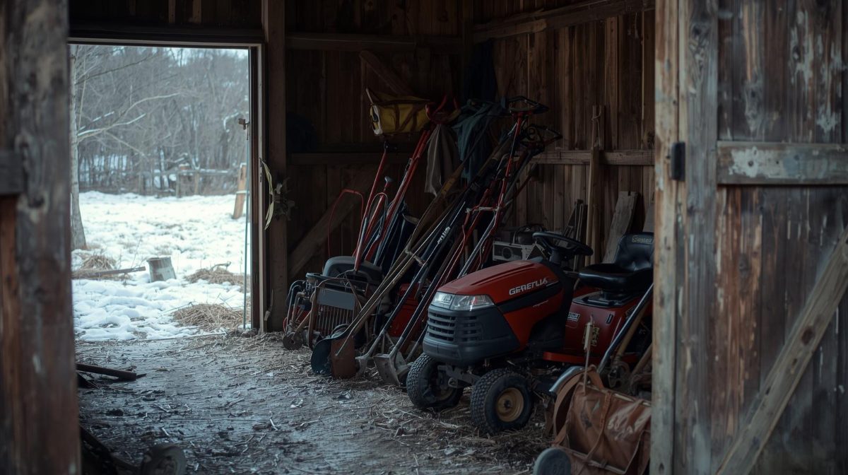 Lawn mower in garage being prepared for winter storage with fuel stabilizer and tools