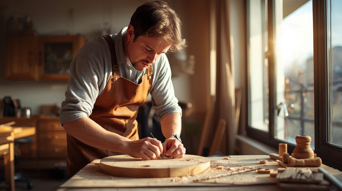 Woodworker in leather apron working on a cutting board project in an apartment workshop with natural light