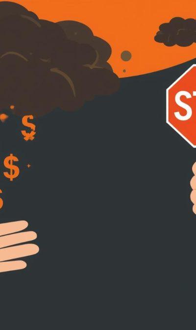 Stop sign warning against online payment scams with dollar signs disappearing into dark cloud