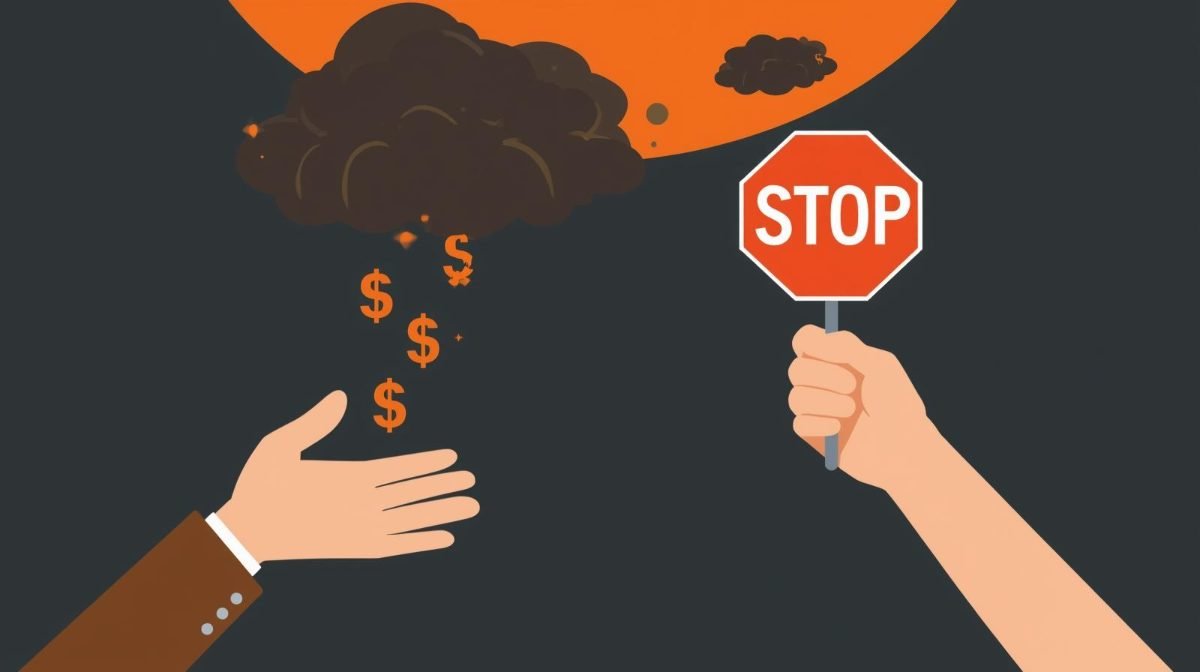 Stop sign warning against online payment scams with dollar signs disappearing into dark cloud