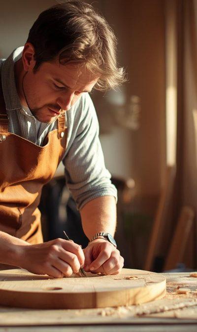 Woodworker in leather apron working on a cutting board project in an apartment workshop with natural light